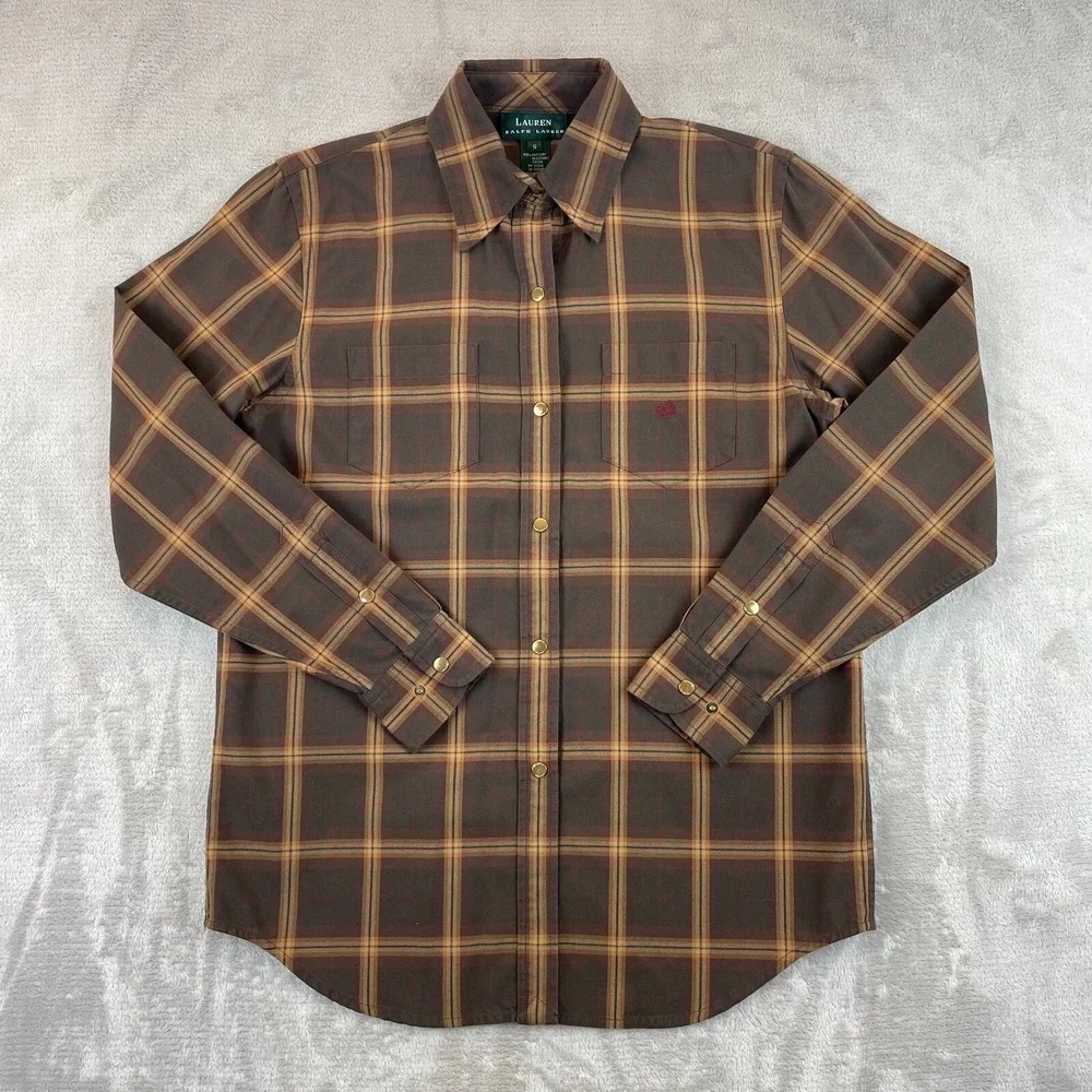 Lauren Ralph Lauren Shirt Small Brown Window Pane Check Snap Button‎ Riding LS